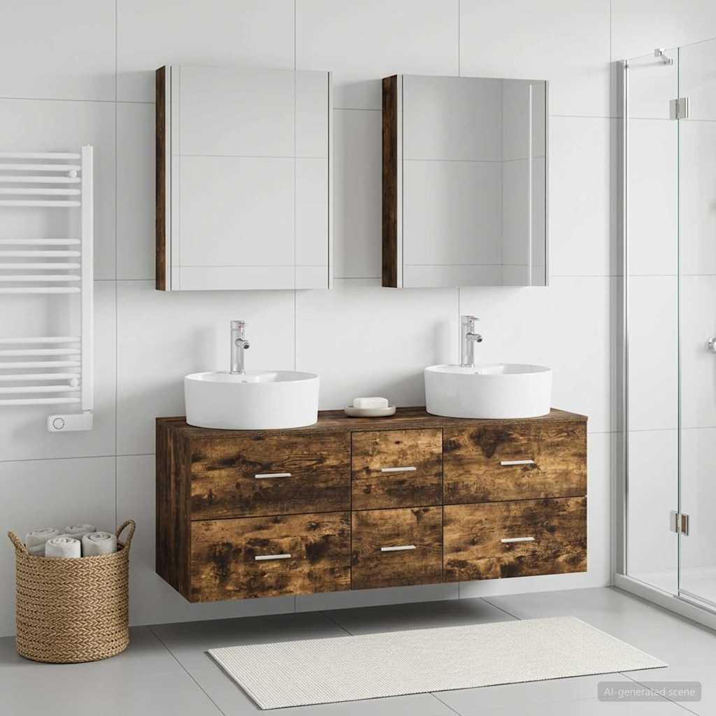 Badkamermeubelset 5 st Gerookt eiken Bewerkt hout en glas is nu te koop bij PeponiXL, paradijselijk wonen!