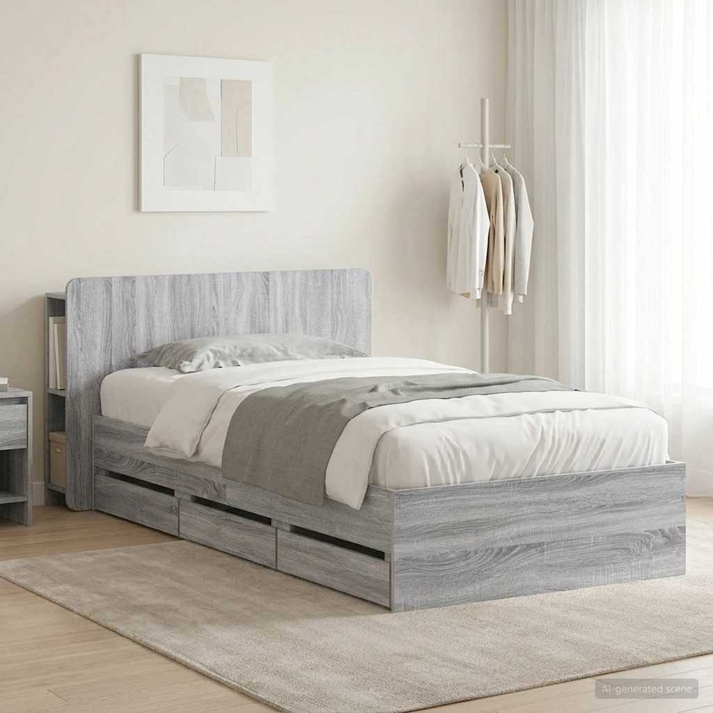 Bedframe met opslag Grijs Sonoma 75 x 190 cm Bewerkt hout is nu te koop bij PeponiXL, paradijselijk wonen!