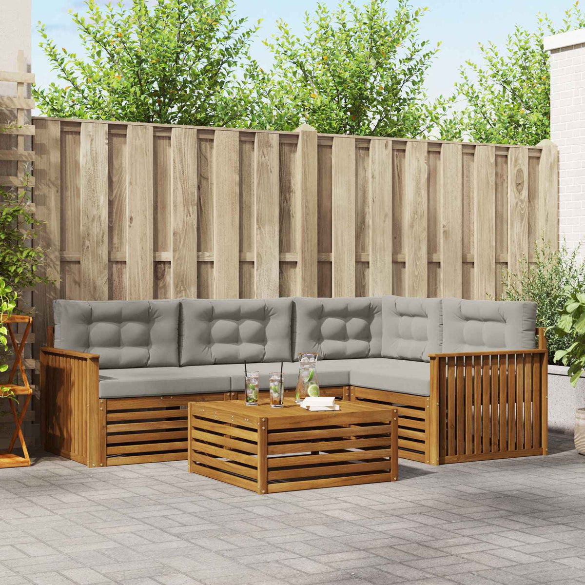 Buiten bankenset met kussen 5 pcs Natuurlijk en Lichtgrijs is nu te koop bij PeponiXL, paradijselijk wonen!