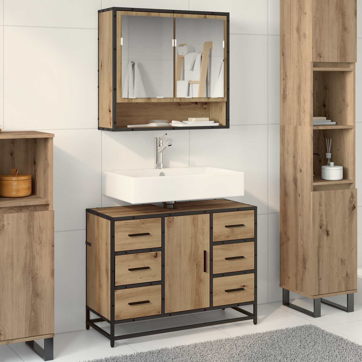 Badkamermeubelset met lade 2 pcs Artisan Eiken Bewerkt hout is nu te koop bij PeponiXL, paradijselijk wonen!