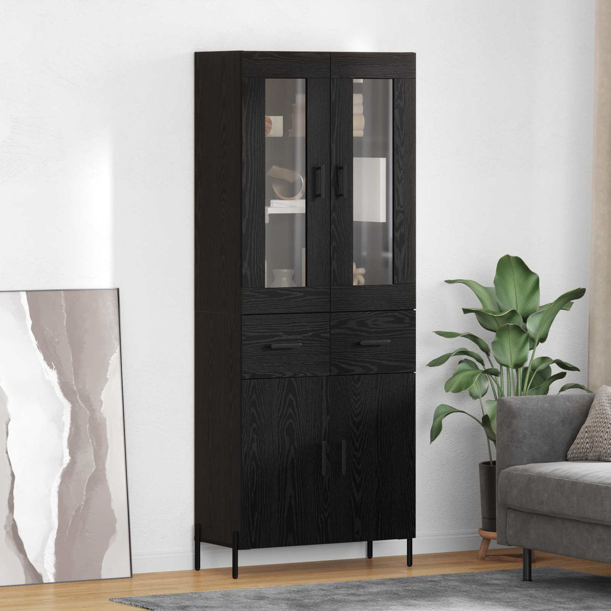 Highboard met lade Zwart Eiken 69,5 x 34 x 180 cm Bewerkt hout is nu te koop bij PeponiXL, paradijselijk wonen!