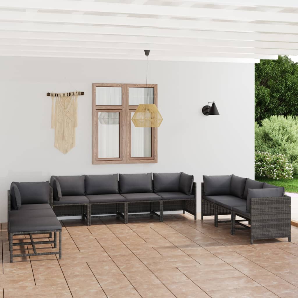 10-delige Loungeset met kussens poly rattan grijs is nu te koop bij PeponiXL, paradijselijk wonen!