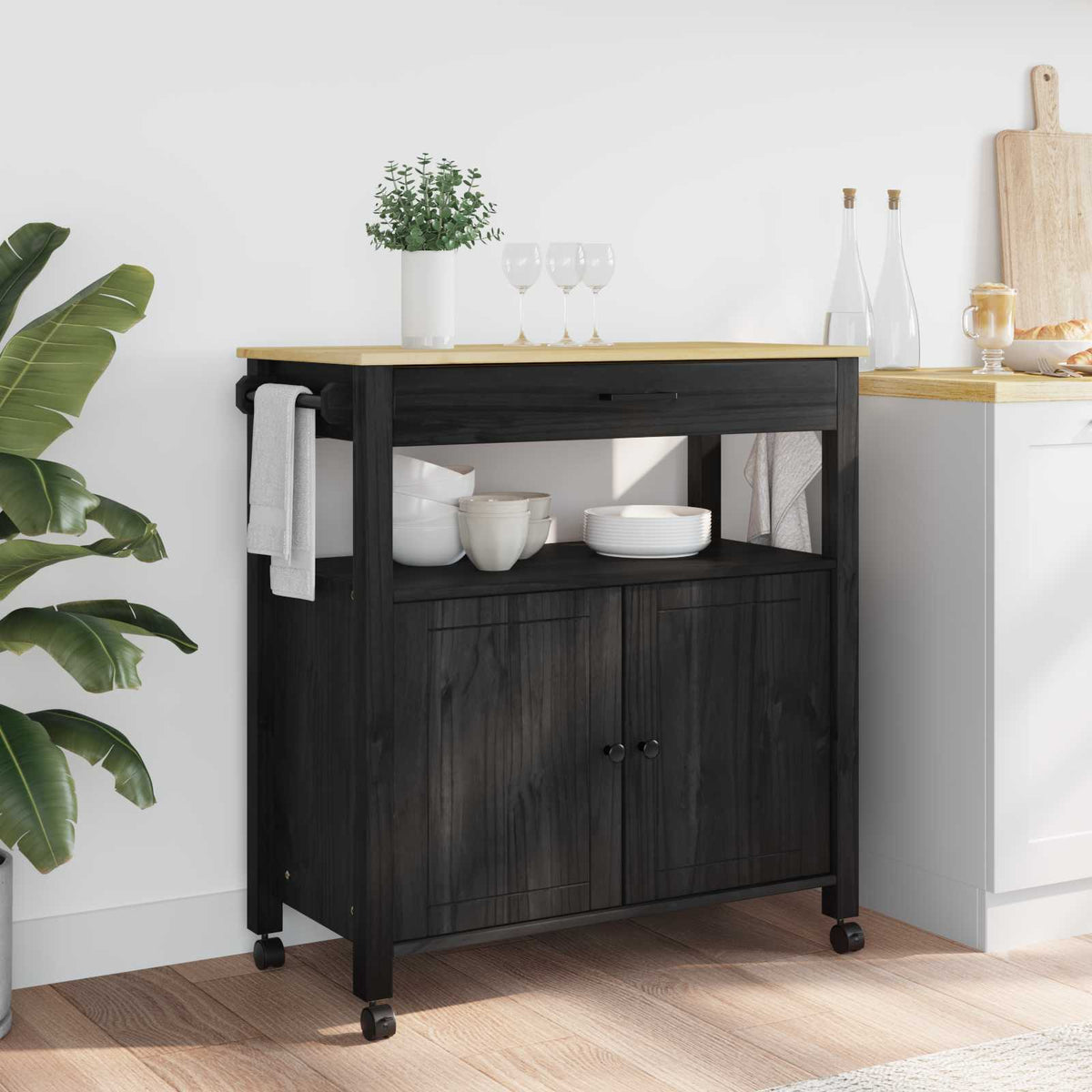 Keuken Trolley MONZA Zwart 84 x 40 x 88,5 cm Massief Vurenhout is nu te koop bij PeponiXL, paradijselijk wonen!
