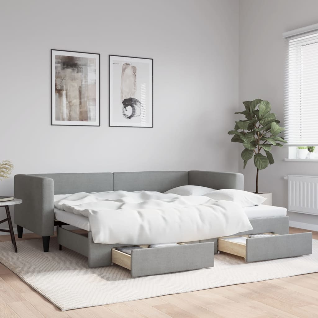 Slaapbank met onderschuifbed lades 100x190 cm stof lichtgrijs is nu te koop bij PeponiXL, paradijselijk wonen!