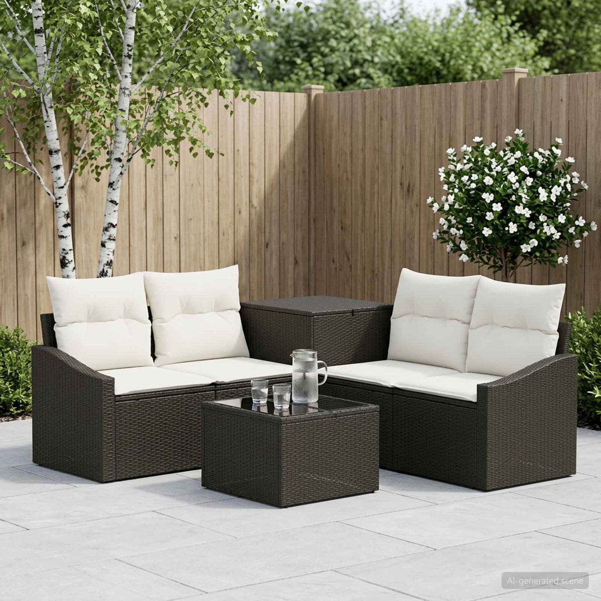 Bankstel 6 st Zwart en Cream Wit Poly Rattan en Staal is nu te koop bij PeponiXL, paradijselijk wonen!