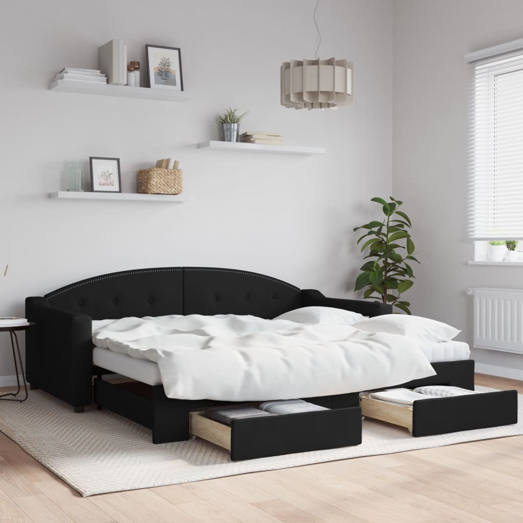 Slaapbank met onderschuifbed en lades 90x190 cm stof zwart is nu te koop bij PeponiXL, paradijselijk wonen!