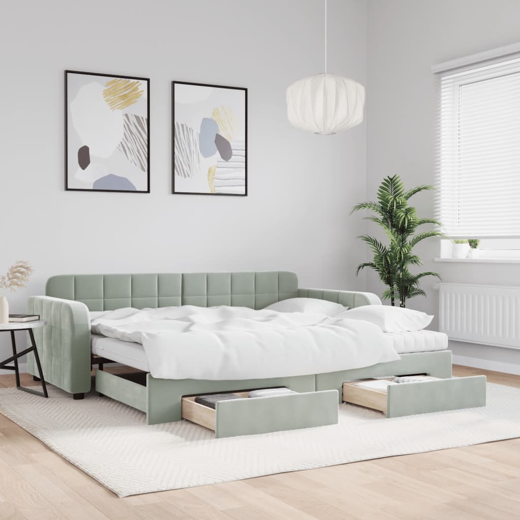 Slaapbank onderschuifbed en lades 90x190 cm fluweel lichtgrijs is nu te koop bij PeponiXL, paradijselijk wonen!
