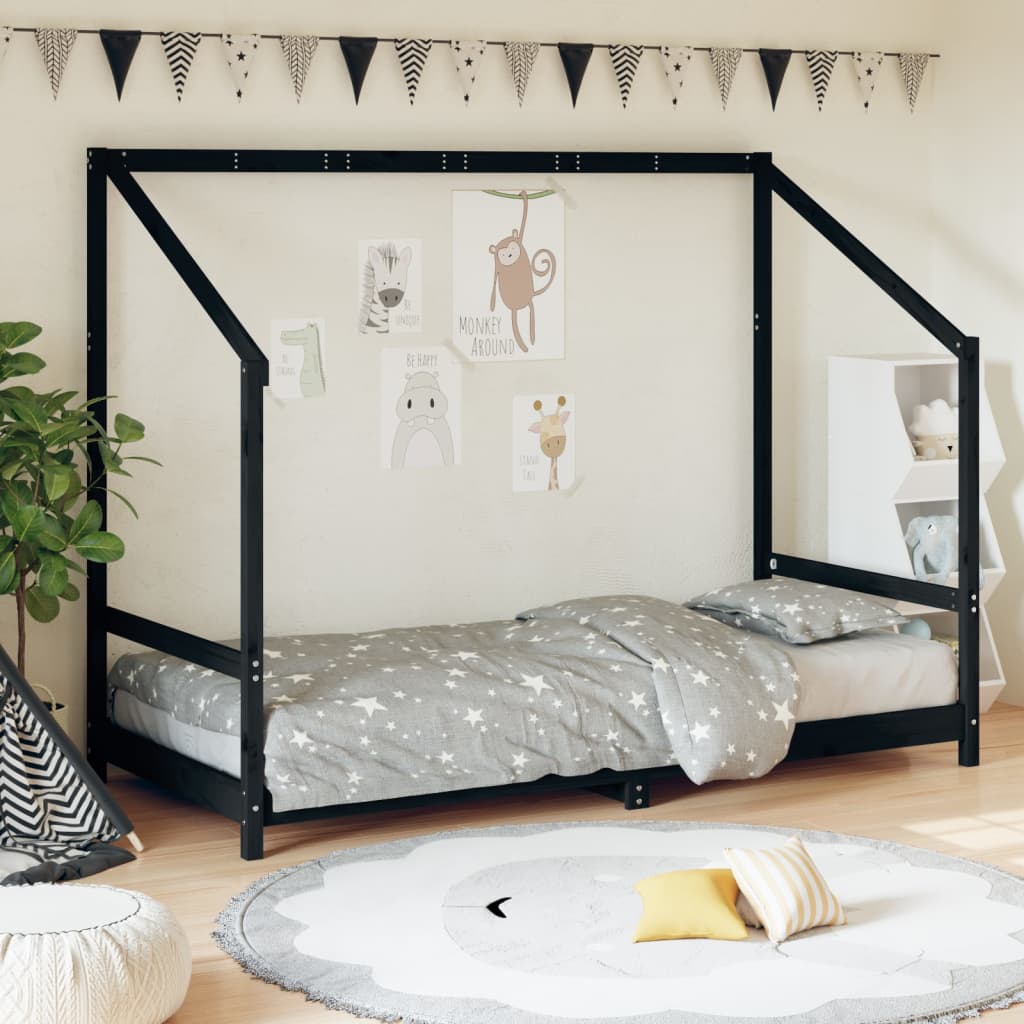 Kinderbedframe 90x200 cm massief grenenhout zwart is nu te koop bij PeponiXL, paradijselijk wonen!