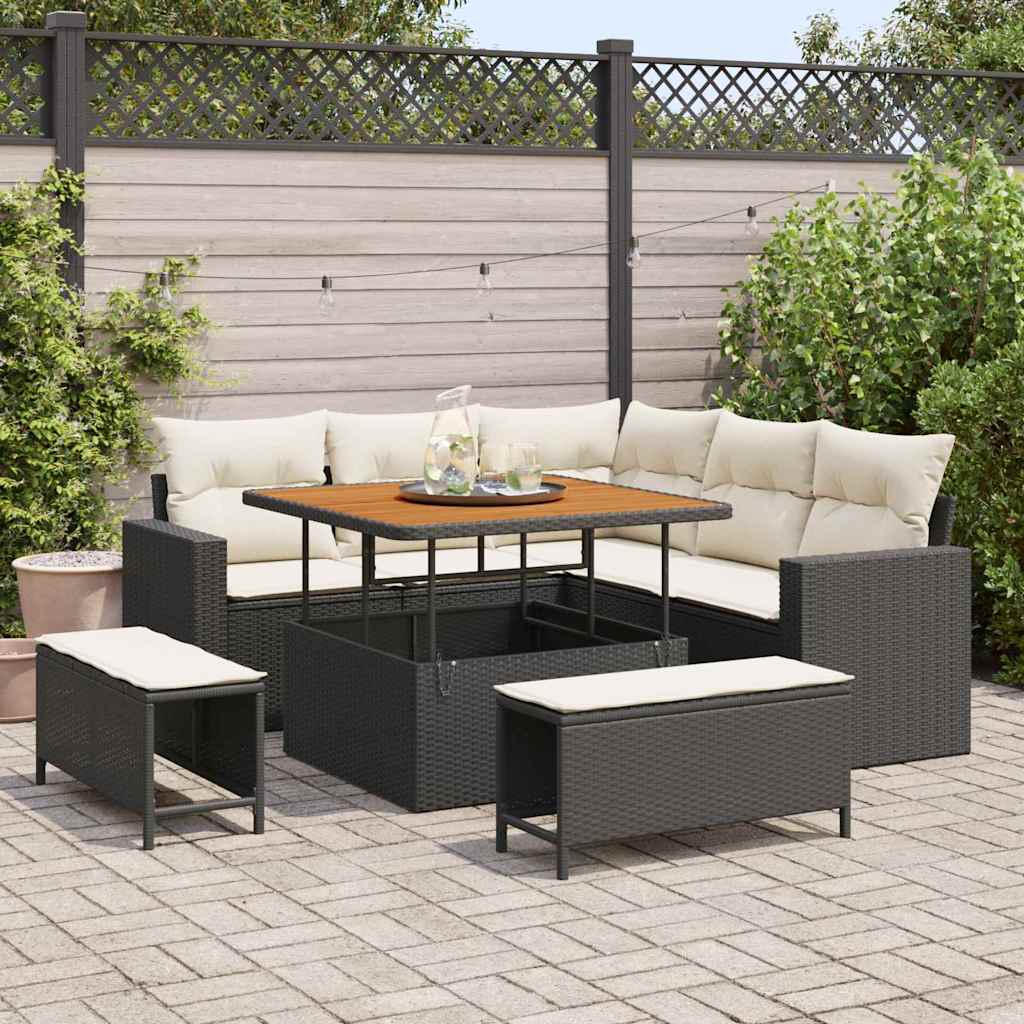 Tuinbankenset met kussen 9 pcs Zwart en Crème poly rattan is nu te koop bij PeponiXL, paradijselijk wonen!