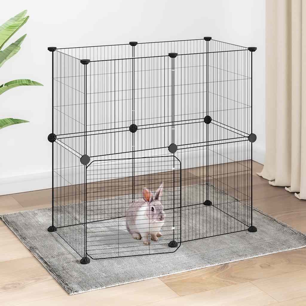 Huisdierenkooi met deur 12 panelen 35x35 cm staal zwart is nu te koop bij PeponiXL, paradijselijk wonen!