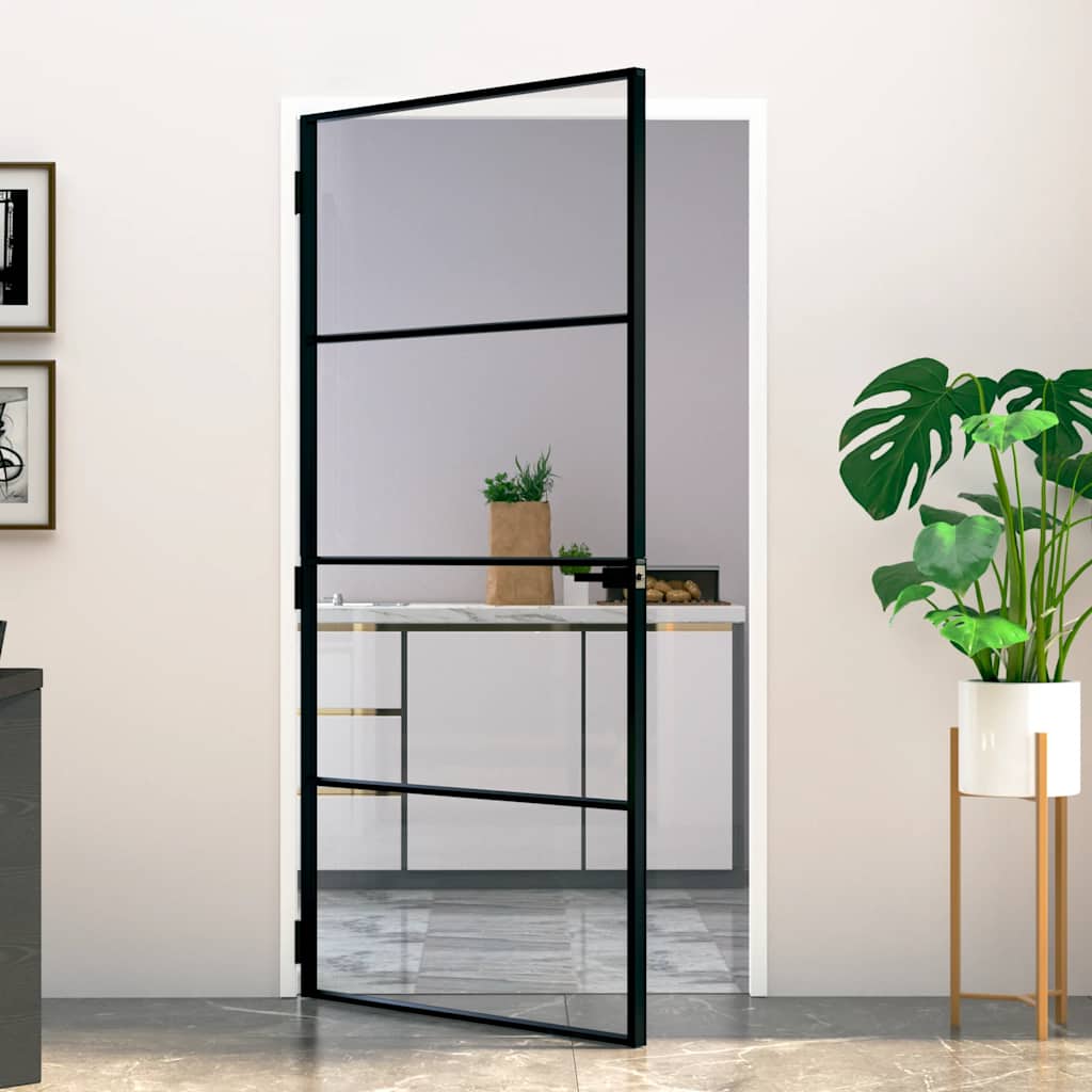 Binnendeur 102x201,5 cm gehard glas en aluminium smal zwart is nu te koop bij PeponiXL, paradijselijk wonen!
