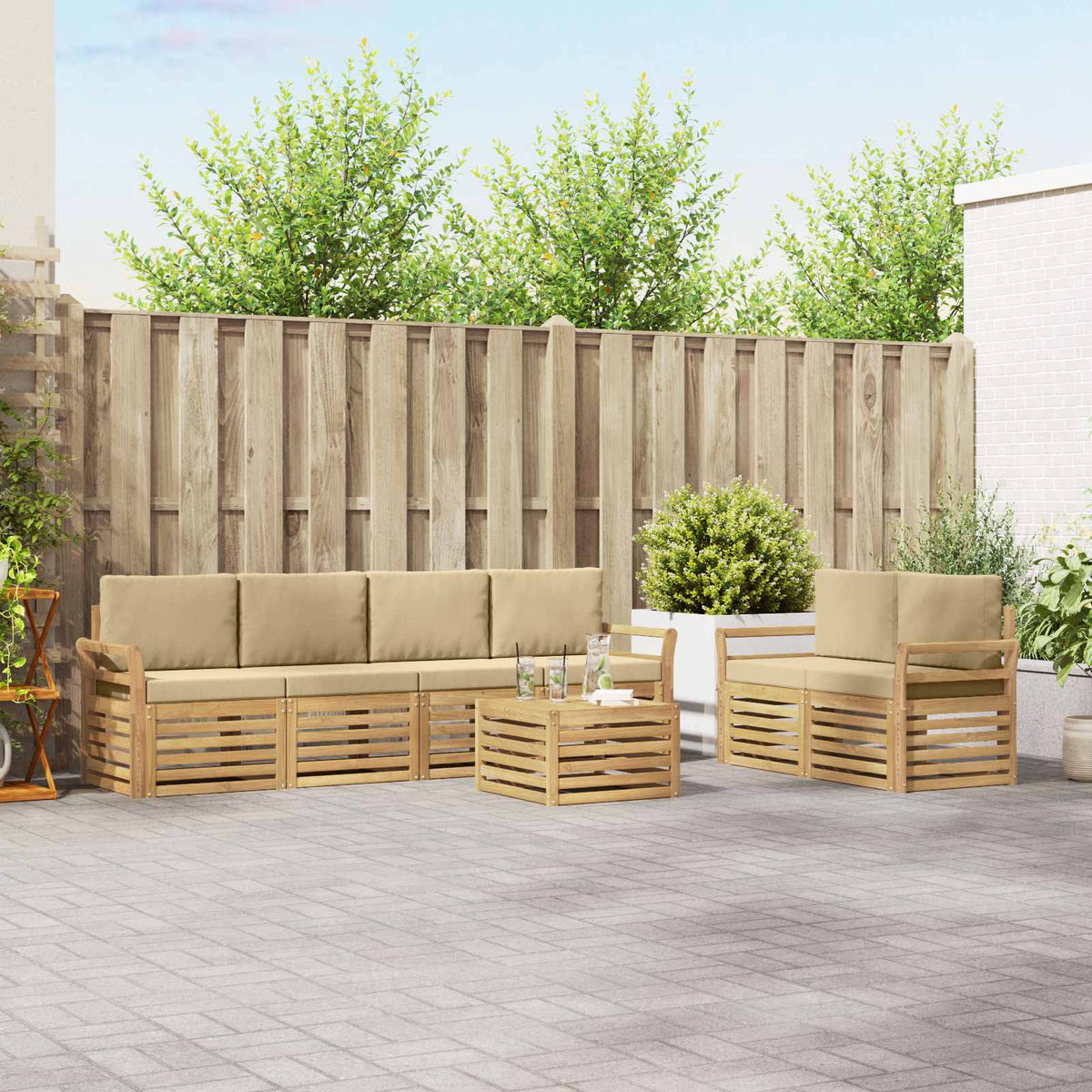 Buiten bankenset met kussen 7 pcs Wit en Beige Polyester is nu te koop bij PeponiXL, paradijselijk wonen!