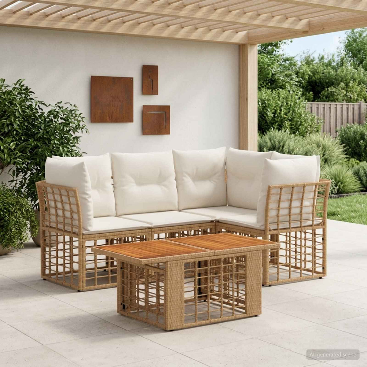 Tuinbankenset 5 st Natuurlijk en Crème Wit poly rattan is nu te koop bij PeponiXL, paradijselijk wonen!