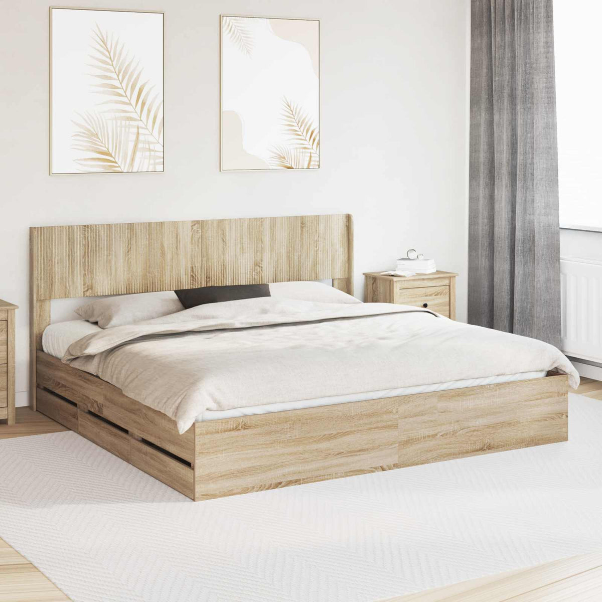 Bedframe met opbergruimte en hoofdbord met lade Sonoma Eiken is nu te koop bij PeponiXL, paradijselijk wonen!