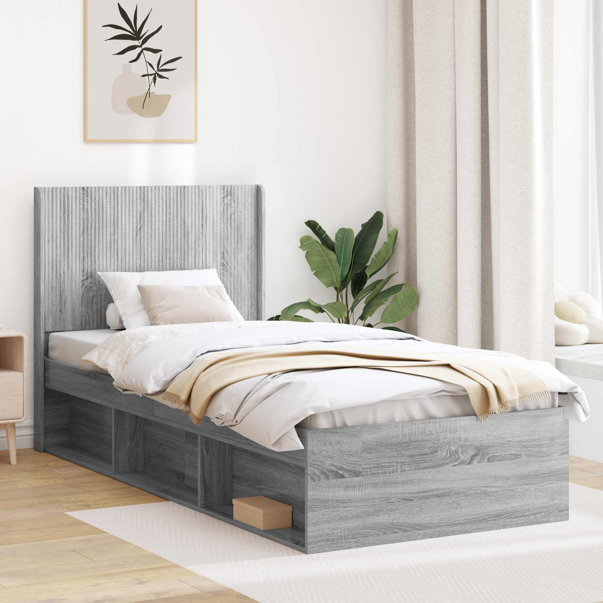 Bedframe met opbergruimte en hoofdbord Grijs sonoma 90 x 200 cm is nu te koop bij PeponiXL, paradijselijk wonen!