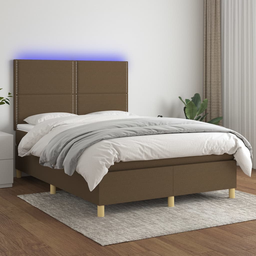Boxspring met matras en LED stof donkerbruin 140x200 cm is nu te koop bij PeponiXL, paradijselijk wonen!