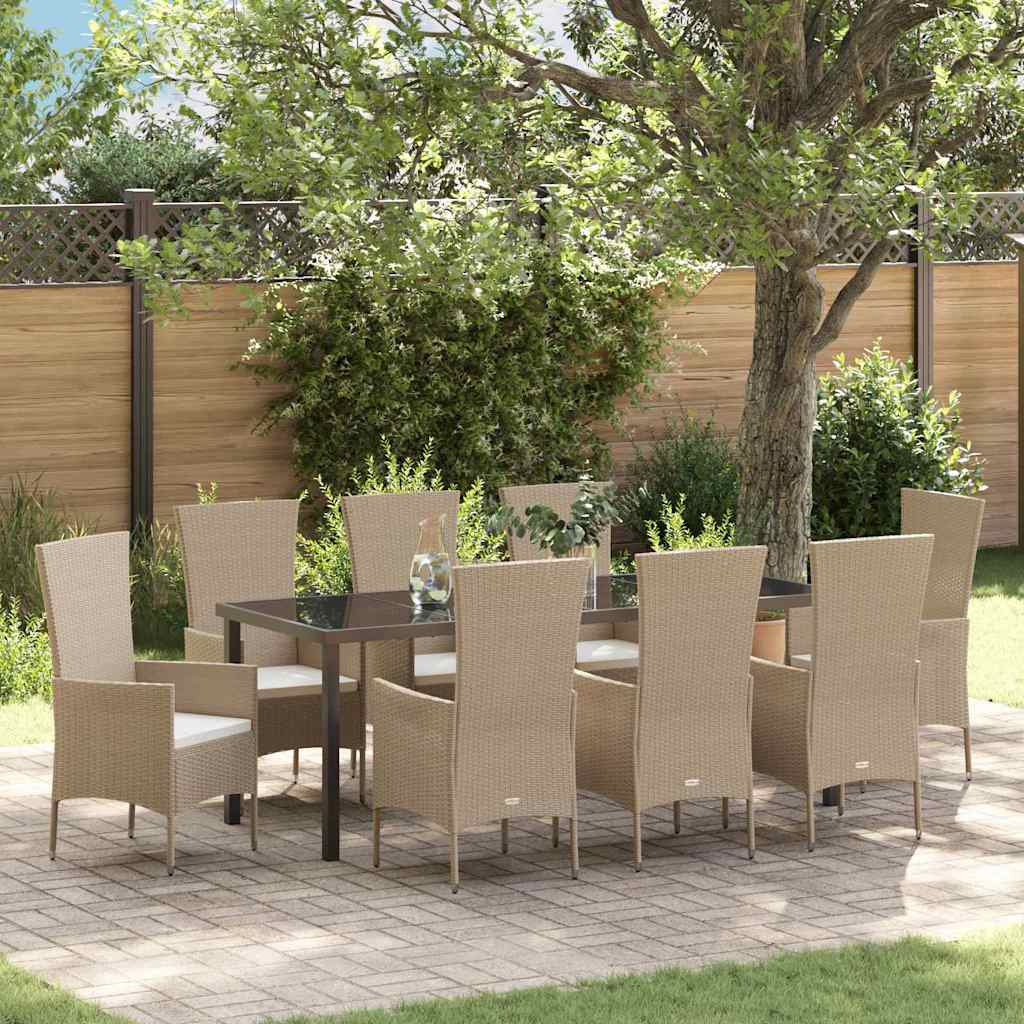 Tuin eettafelset met kussen 9 pcs Beige poly rattan is nu te koop bij PeponiXL, paradijselijk wonen!