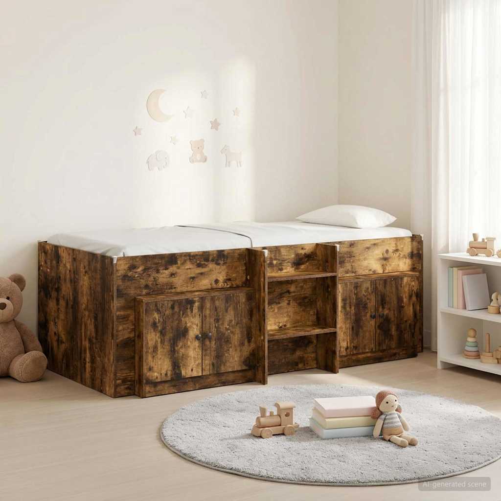 Loft Bed Frame met Kast 3 pcs Gerookt eiken Bewerkt hout is nu te koop bij PeponiXL, paradijselijk wonen!
