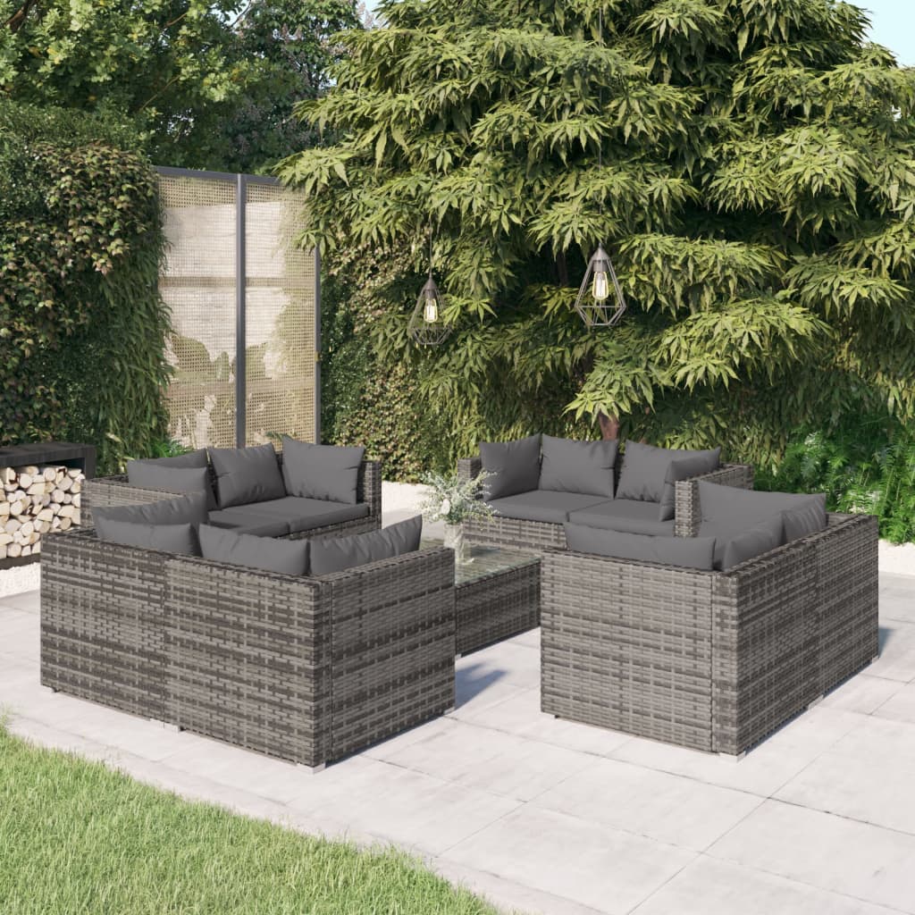 9-delige Loungeset met kussens poly rattan grijs is nu te koop bij PeponiXL, paradijselijk wonen!