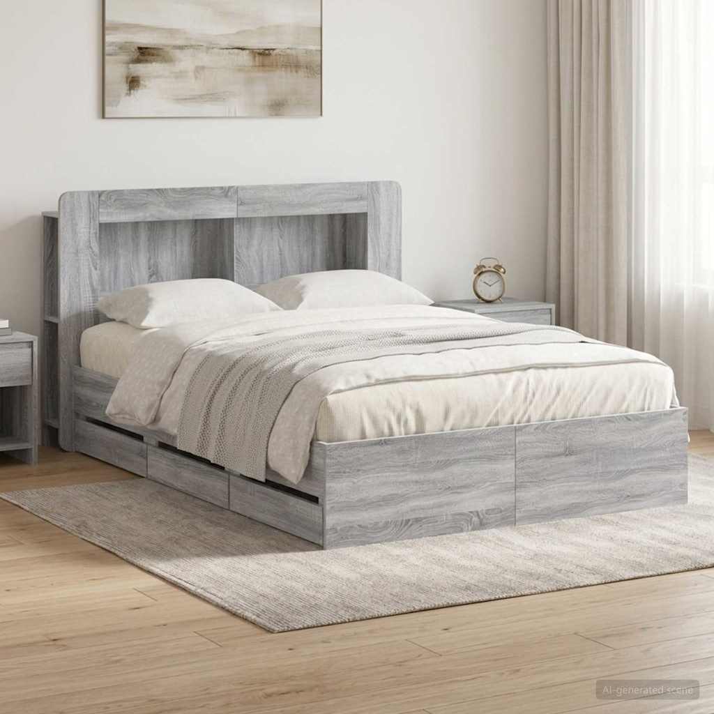 Bedframe met opslag Grijs Sonoma 150 x 200 cm Bewerkt hout is nu te koop bij PeponiXL, paradijselijk wonen!