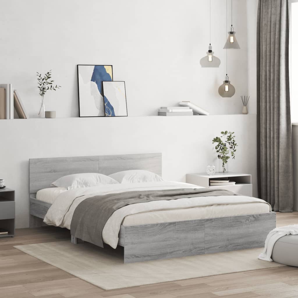 Bedframe met hoofdeinde grijs sonoma eikenkleurig 140x190 cm is nu te koop bij PeponiXL, paradijselijk wonen!