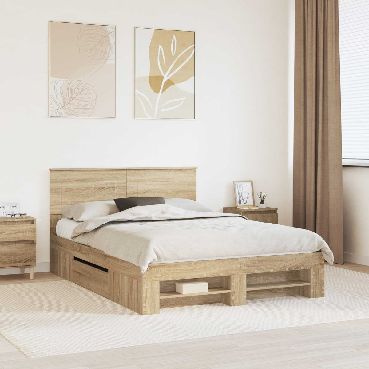 Bedframe met hoofdeinde Sonoma Eiken 150 x 200 cm Bewerkt hout is nu te koop bij PeponiXL, paradijselijk wonen!