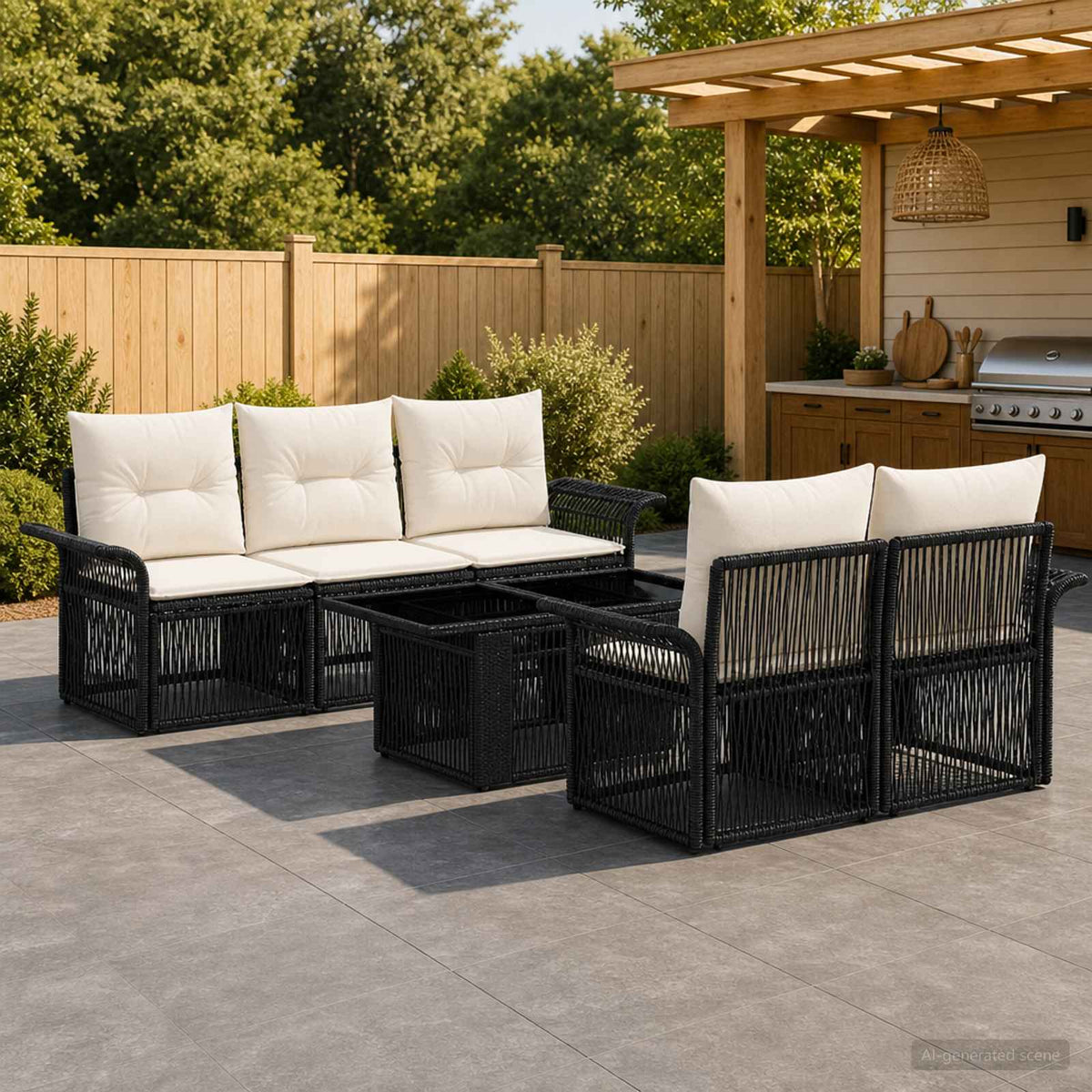 Tuinbankenset 6 st Zwart en Cream Wit poly rattan is nu te koop bij PeponiXL, paradijselijk wonen!