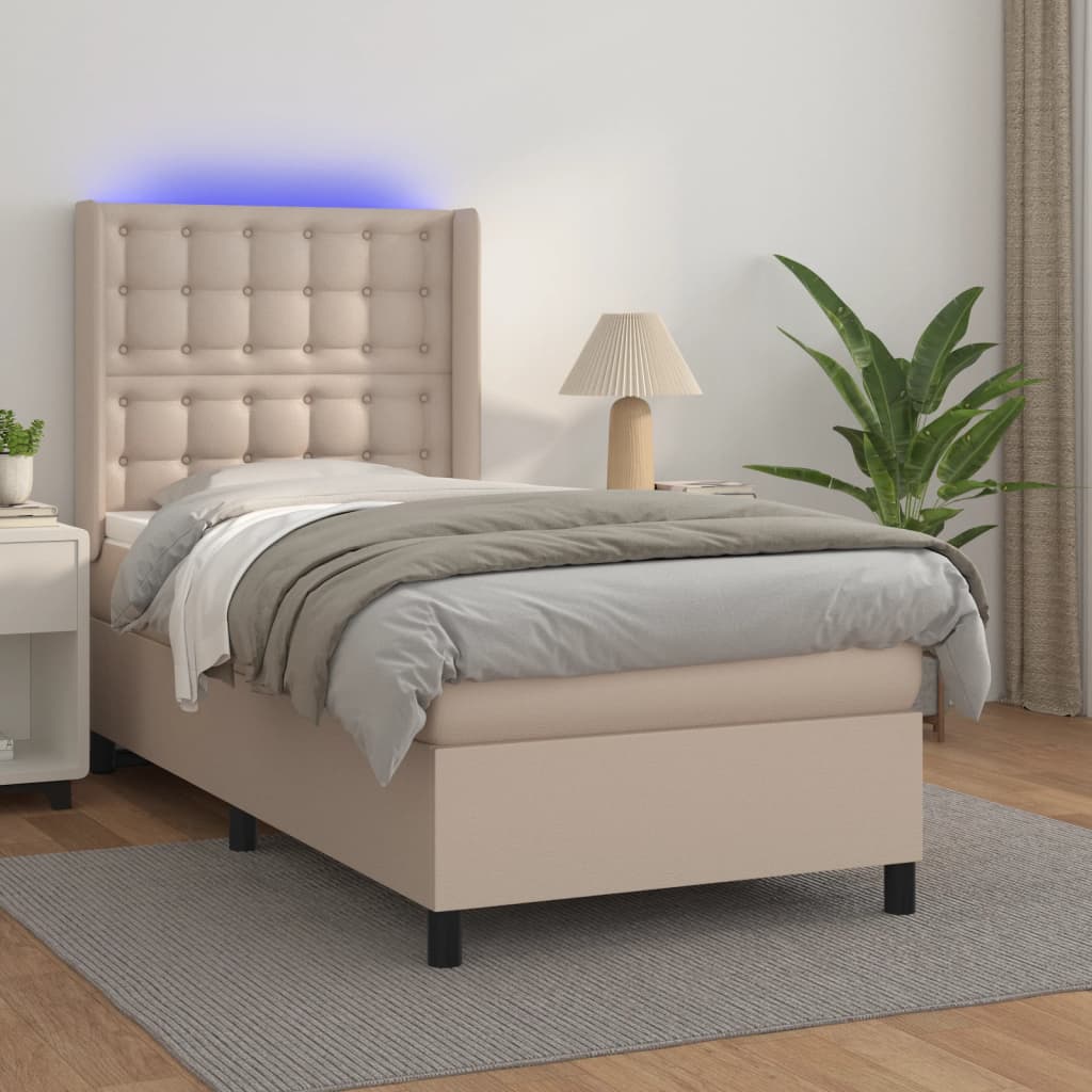 Boxspring met matras en LED kunstleer cappuccinokleur 90x190 cm is nu te koop bij PeponiXL, paradijselijk wonen!