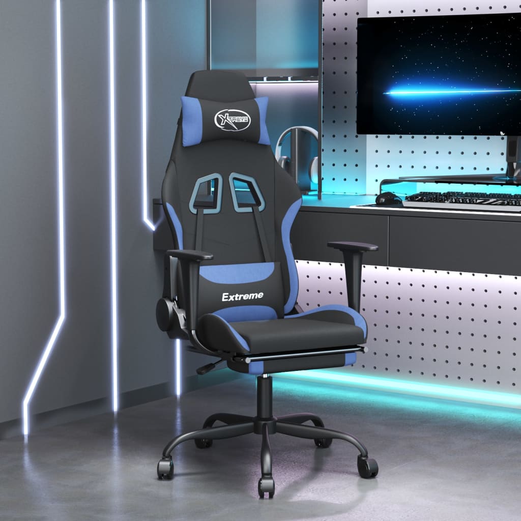 Gamestoel met voetensteun stof zwart en blauw is nu te koop bij PeponiXL, paradijselijk wonen!