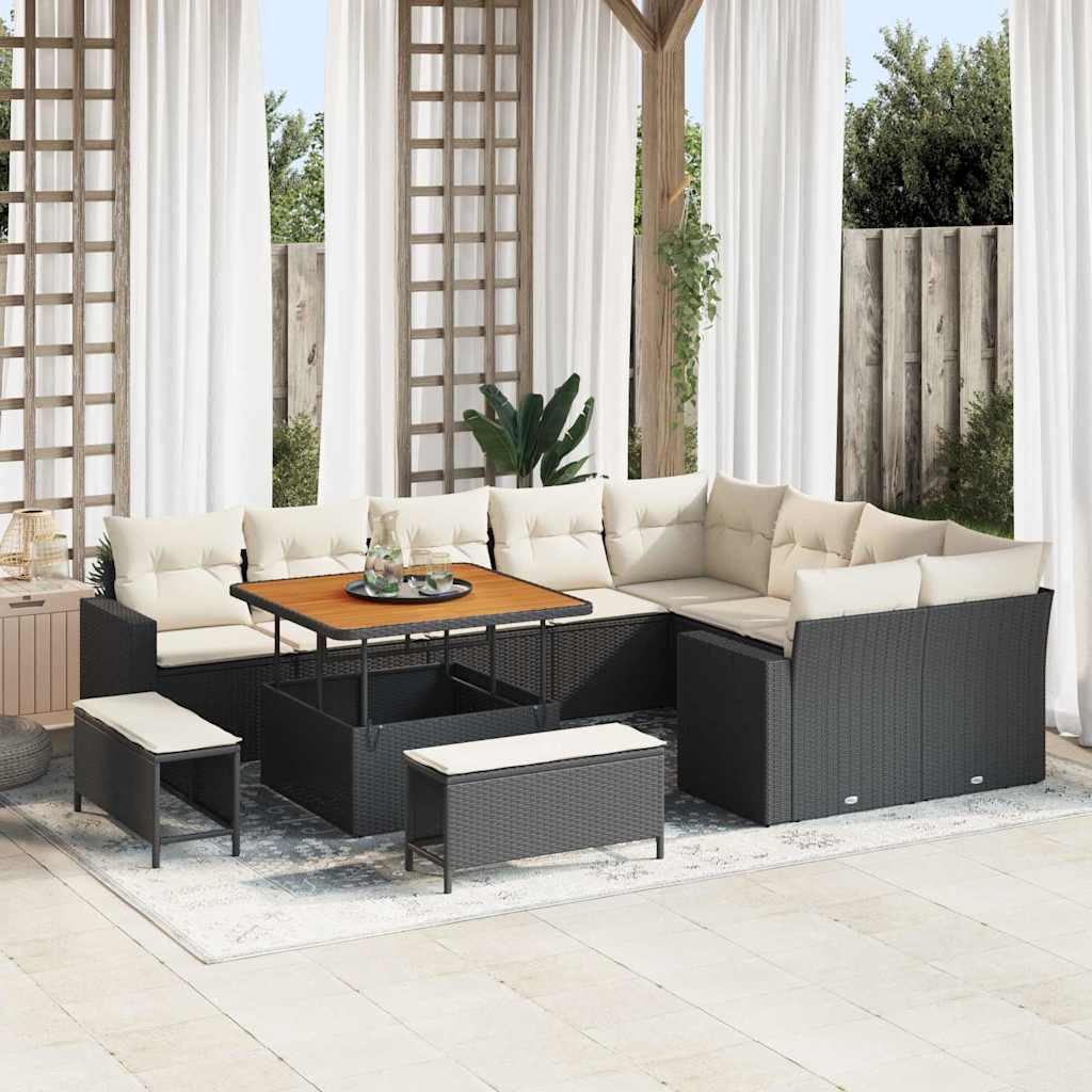 Tuinbankenset met kussen 13 pcs Zwart en Crème poly rattan is nu te koop bij PeponiXL, paradijselijk wonen!