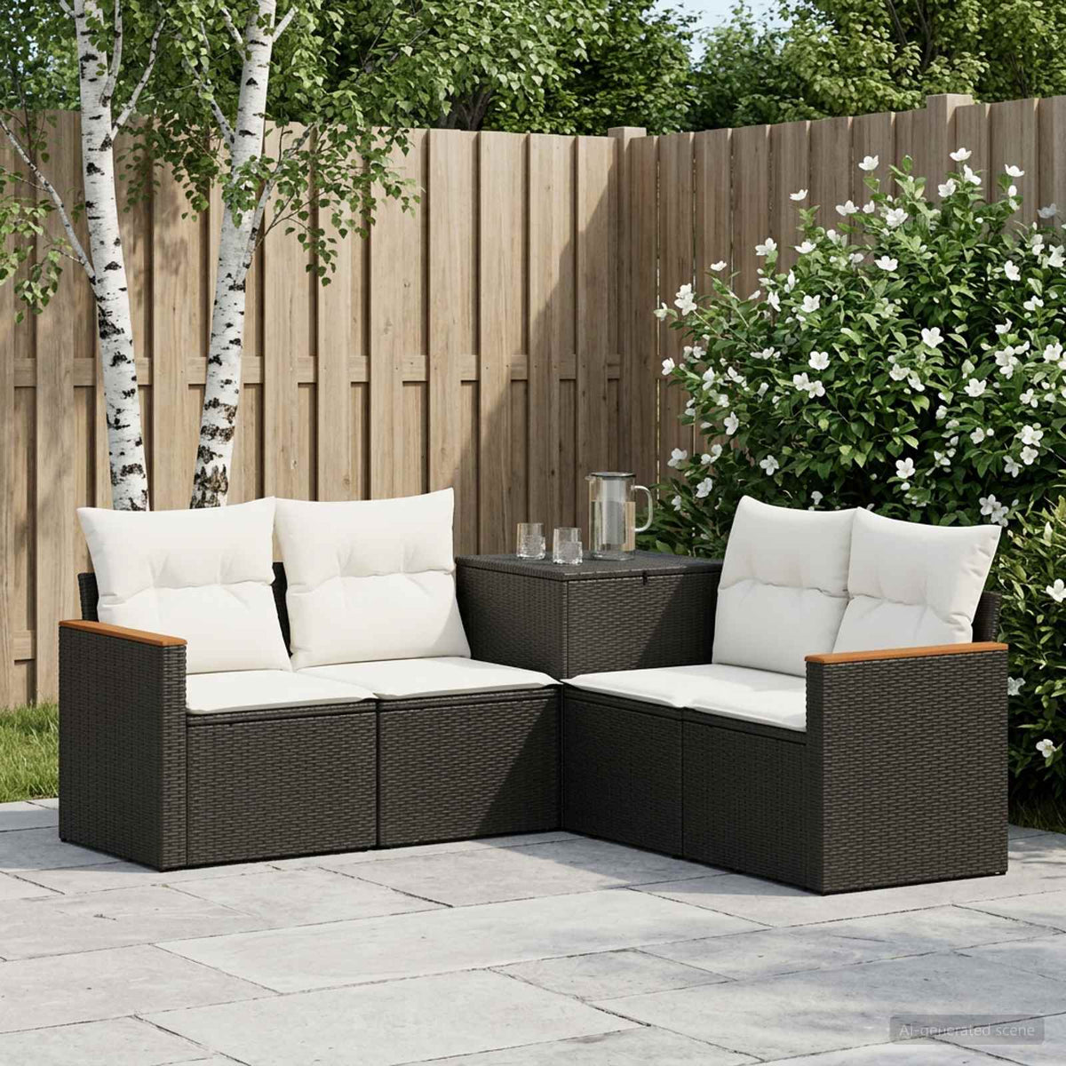 Bankstel 5 st Zwart en Cream Wit Poly Rattan en Staal is nu te koop bij PeponiXL, paradijselijk wonen!
