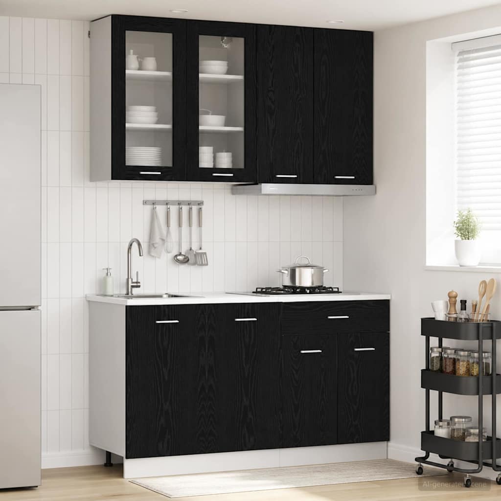 Keukenblok LYON 4 pcs Zwart eiken Bewerkt hout is nu te koop bij PeponiXL, paradijselijk wonen!
