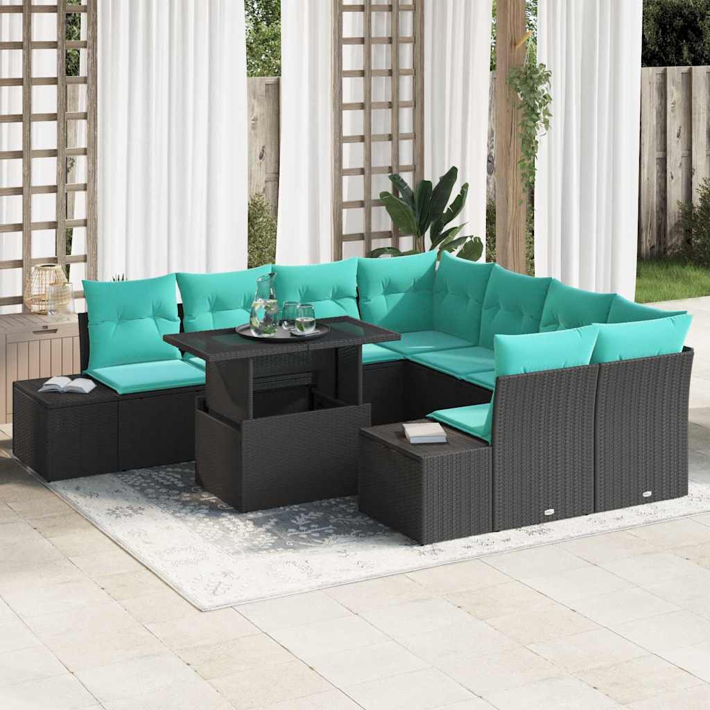 Tuin Sofa Set met kussen 9 pcs Zwart en Blauw poly rattan is nu te koop bij PeponiXL, paradijselijk wonen!