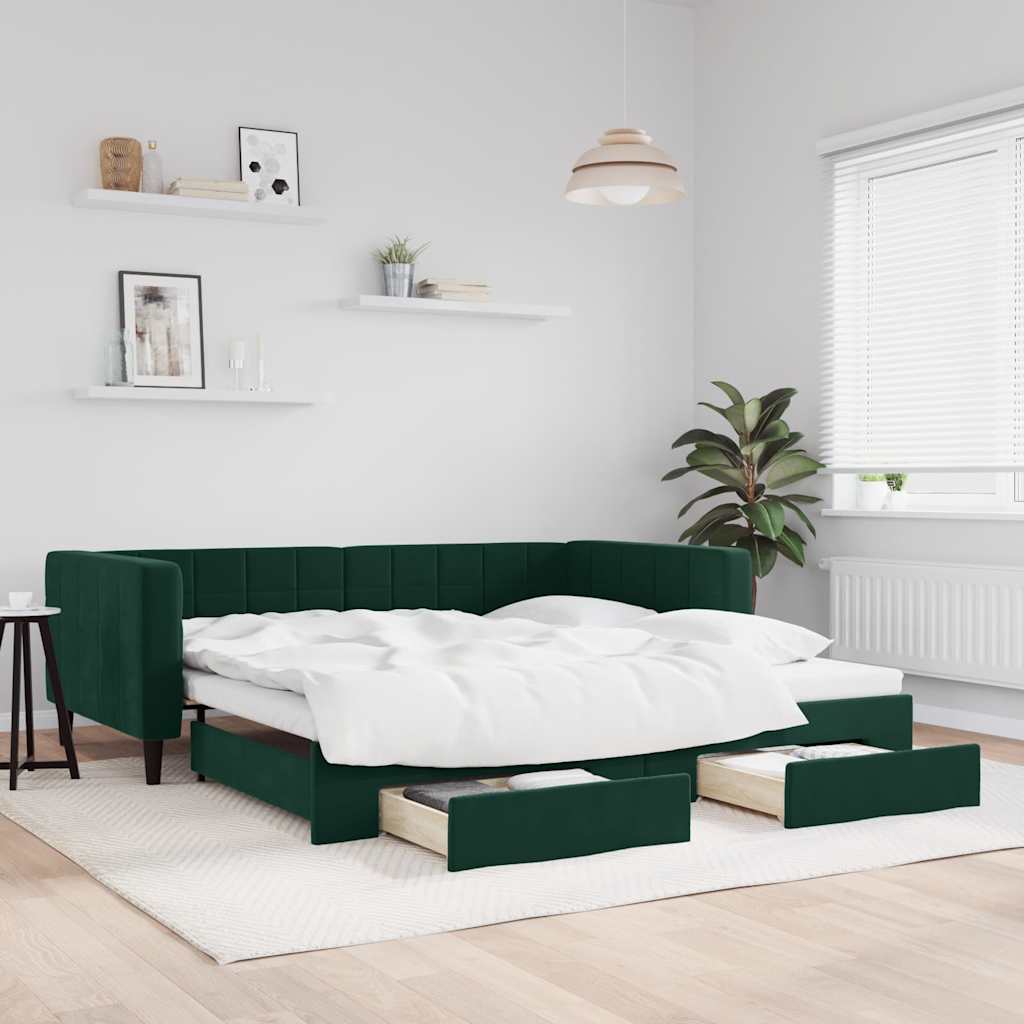 Slaapbank onderschuifbed lades 100x200 cm fluweel donkergroen is nu te koop bij PeponiXL, paradijselijk wonen!