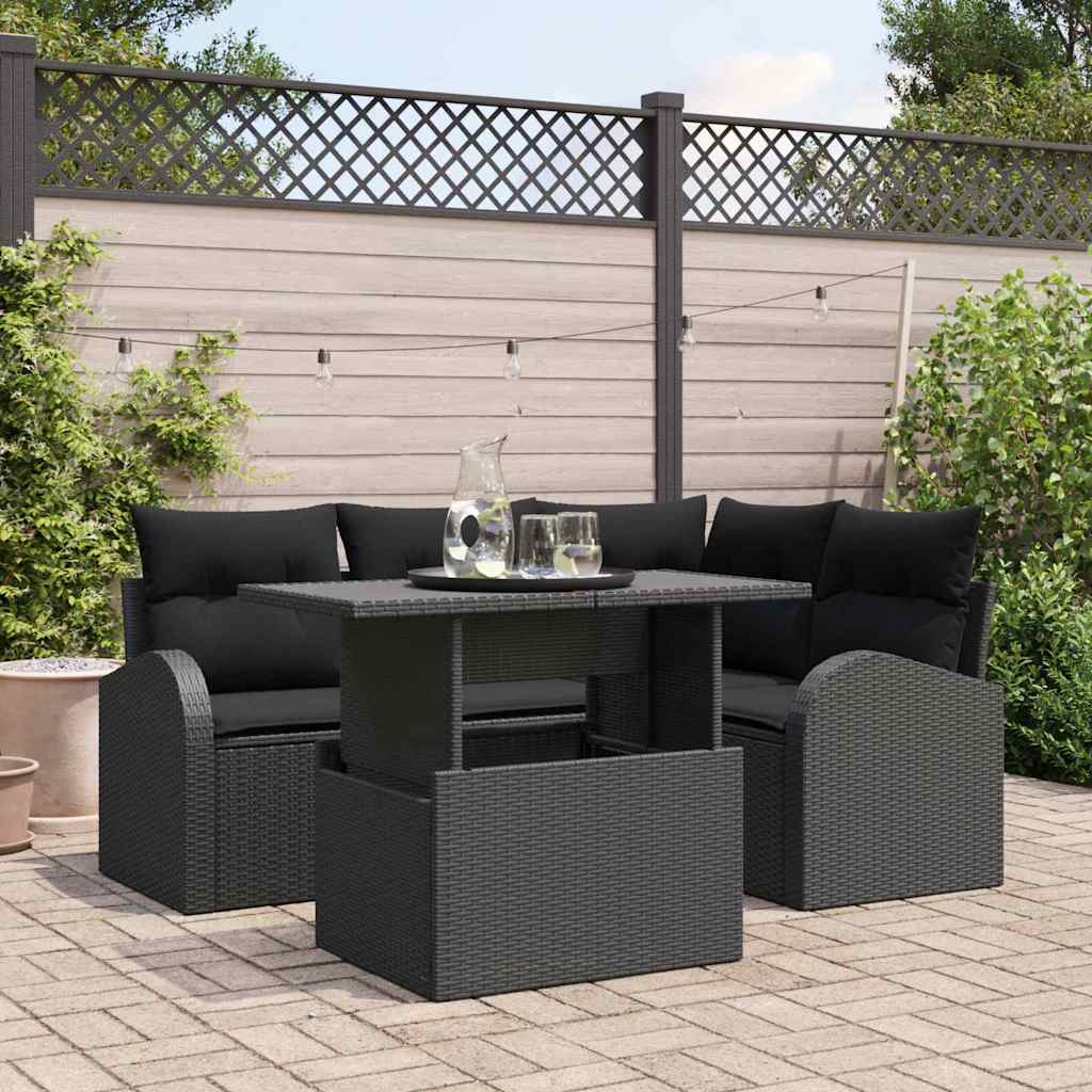 Tuin Sofa Set met kussen 5 pcs Zwart Poly riet is nu te koop bij PeponiXL, paradijselijk wonen!