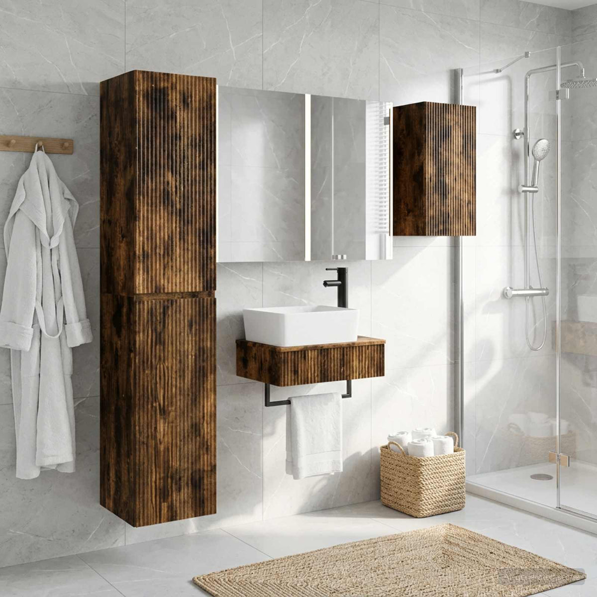 Badkamermeubelset 5 st Gerookt eiken Bewerkt hout en glas is nu te koop bij PeponiXL, paradijselijk wonen!