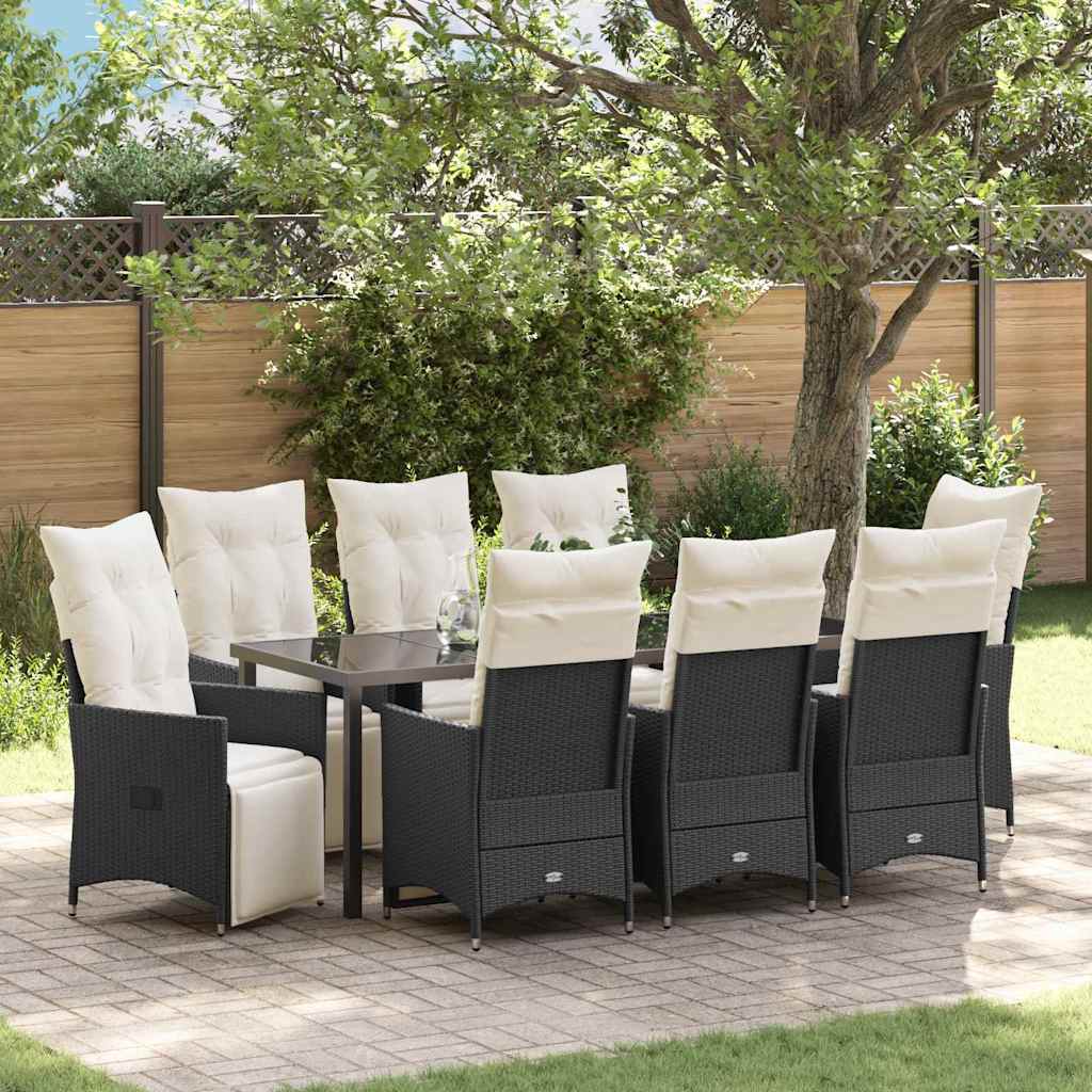 Tuin eettafelset met kussen 9 pcs Zwart poly rattan is nu te koop bij PeponiXL, paradijselijk wonen!