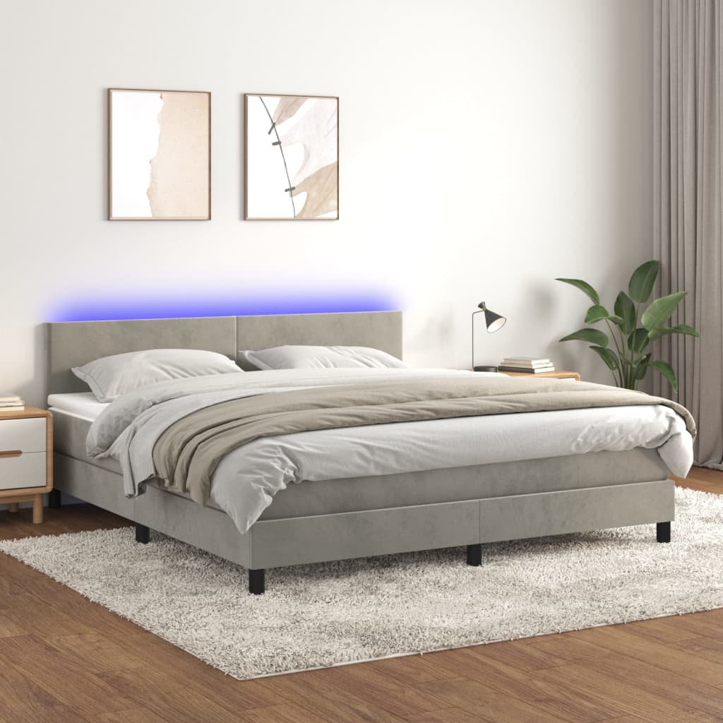 Boxspring met matras en LED fluweel lichtgrijs 180x200 cm is nu te koop bij PeponiXL, paradijselijk wonen!