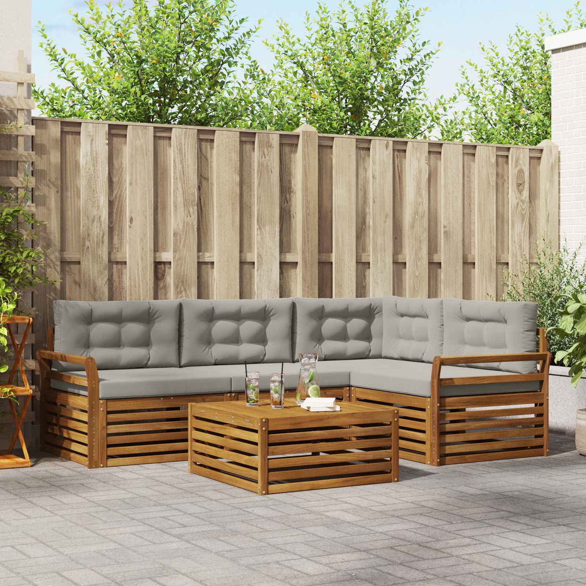 Buiten bankenset met kussen 5 pcs Natuurlijk en Lichtgrijs is nu te koop bij PeponiXL, paradijselijk wonen!