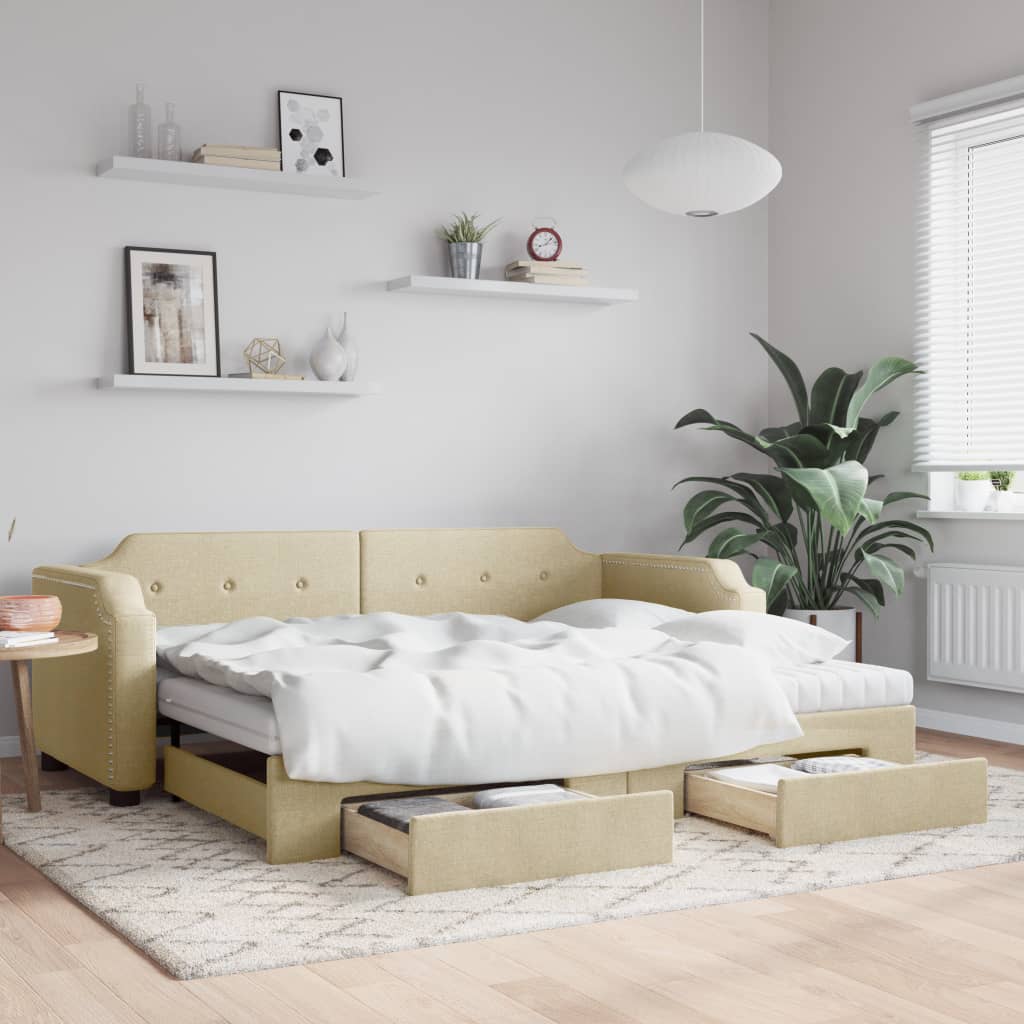 Slaapbank met onderschuifbed en lades 90x200 cm stof crèmekleur is nu te koop bij PeponiXL, paradijselijk wonen!