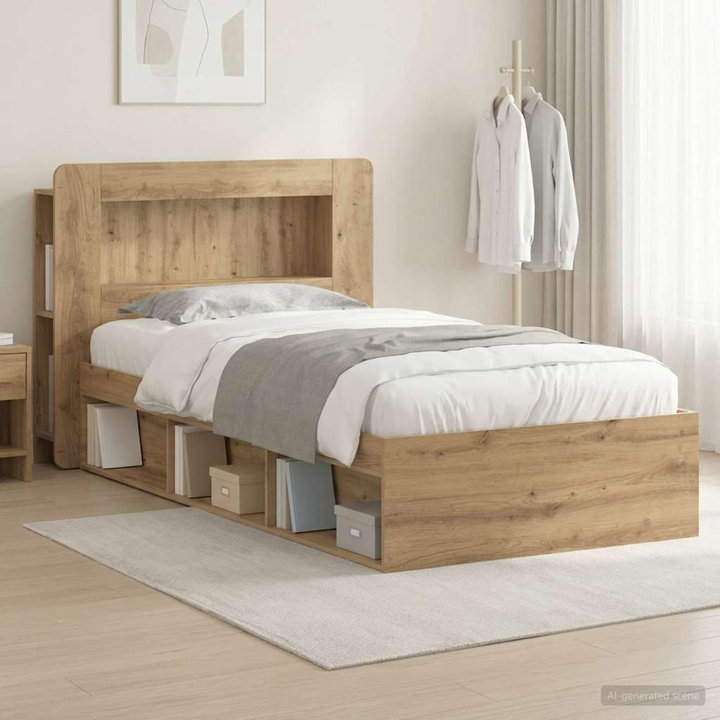 Bedframe met opslag Artisanaal eiken 90 x 190 cm Bewerkt hout is nu te koop bij PeponiXL, paradijselijk wonen!