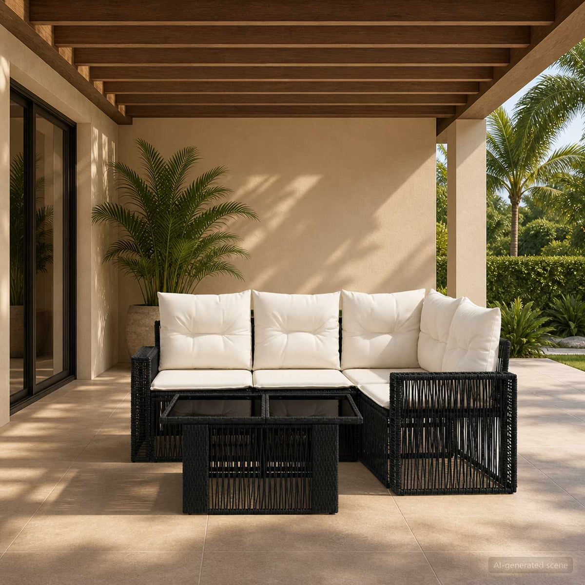 Tuinbankenset 5 st Zwart en Cream Wit poly rattan is nu te koop bij PeponiXL, paradijselijk wonen!