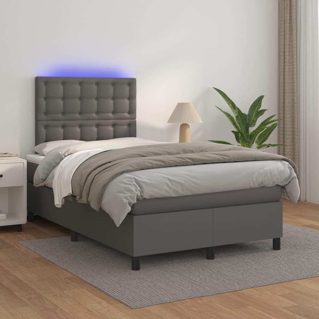Boxspring met matras en LED kunstleer grijs 120x200 cm is nu te koop bij PeponiXL, paradijselijk wonen!