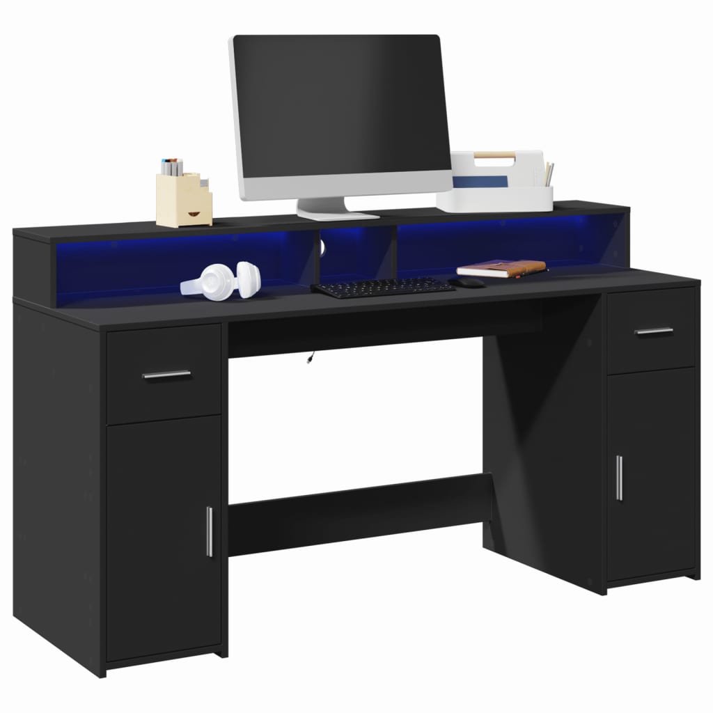Bureau met LED-verlichting 160x55x91 cm bewerkt hout zwart is nu te koop bij PeponiXL, paradijselijk wonen!