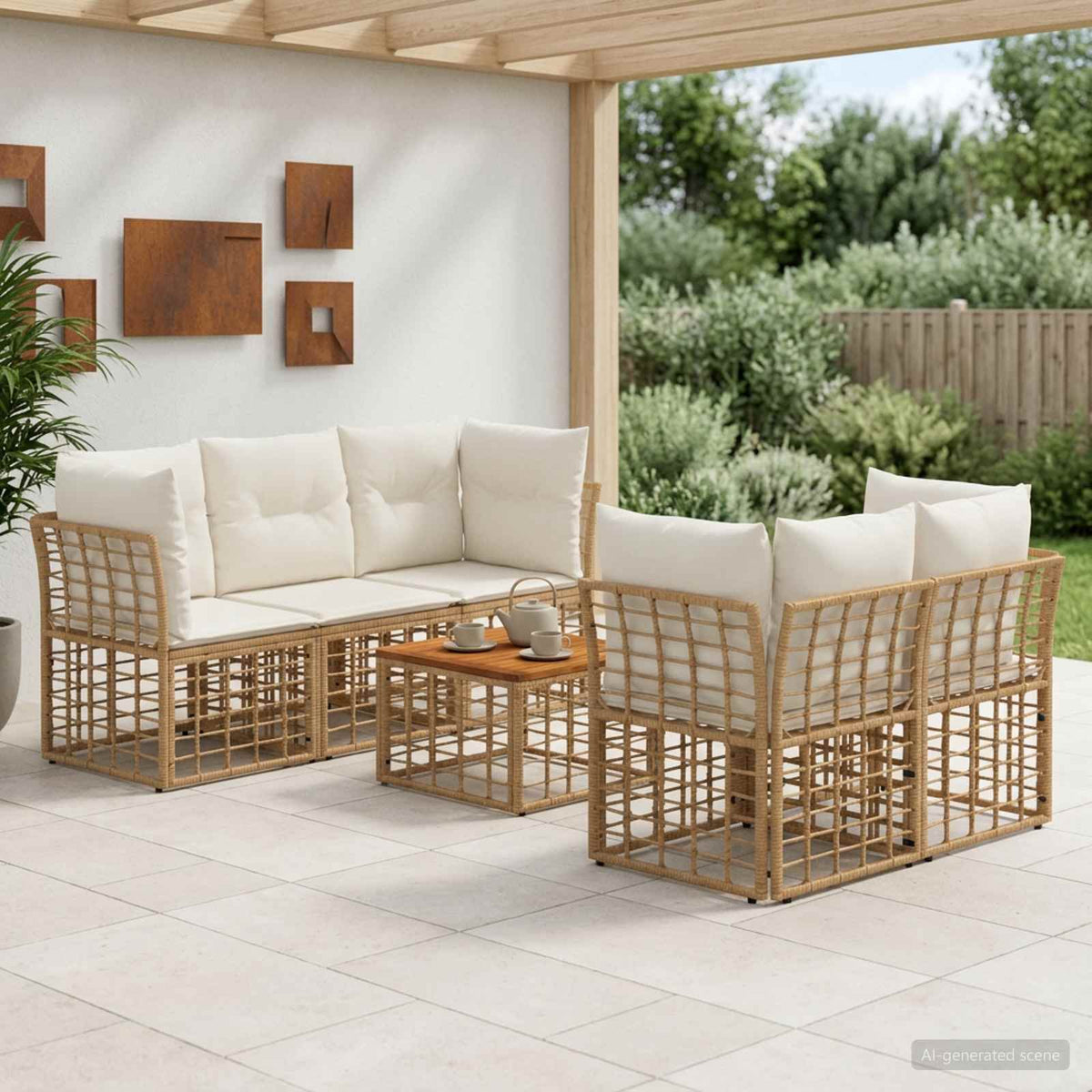 Buiten bankenset 6 st Natuurlijk en Crème Wit poly rattan is nu te koop bij PeponiXL, paradijselijk wonen!