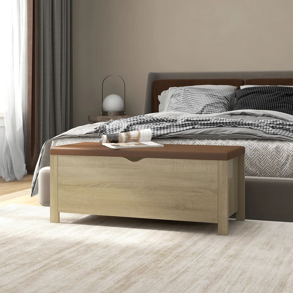 Opbergbox met kussen 105x40x45cm bewerkt hout sonoma eikenkleur is nu te koop bij PeponiXL, paradijselijk wonen!