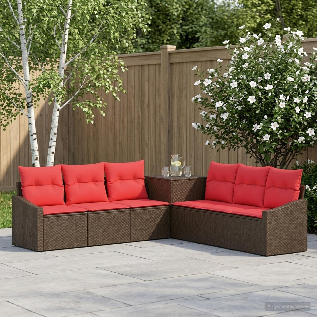Bankstel 7 st Bruin en Rood Poly Rattan en Staal is nu te koop bij PeponiXL, paradijselijk wonen!
