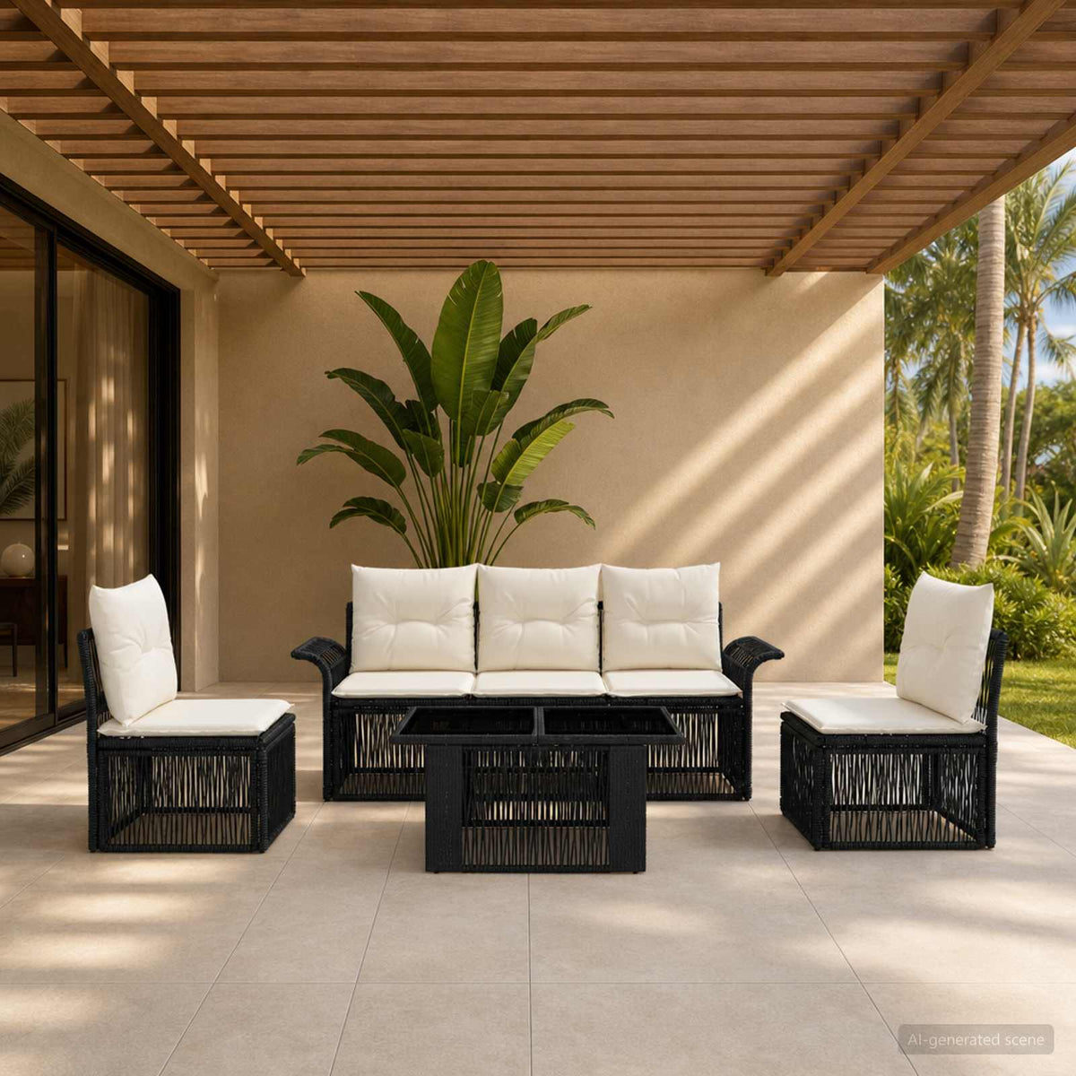 Tuinbankenset 6 st Zwart en Cream Wit poly rattan is nu te koop bij PeponiXL, paradijselijk wonen!