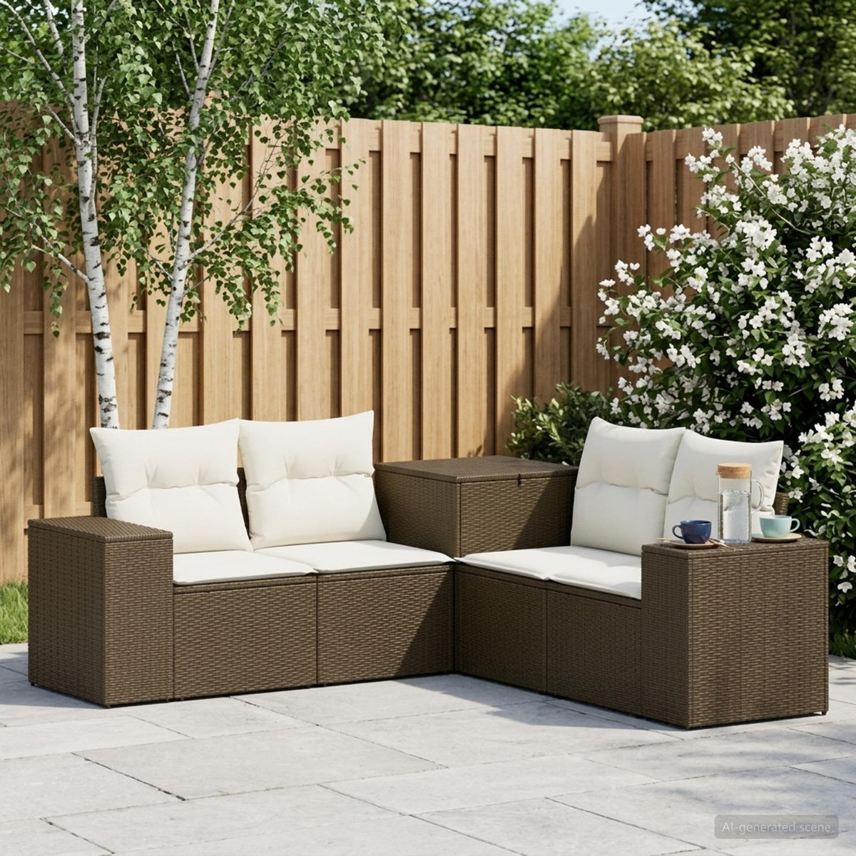 Bankstel 5 st Bruin en Crème Wit Poly Rattan en Staal is nu te koop bij PeponiXL, paradijselijk wonen!