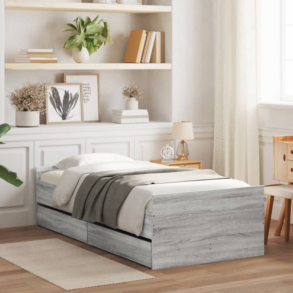 Bedframe met lades grijs sonoma eiken 75x190 cm Small Single is nu te koop bij PeponiXL, paradijselijk wonen!